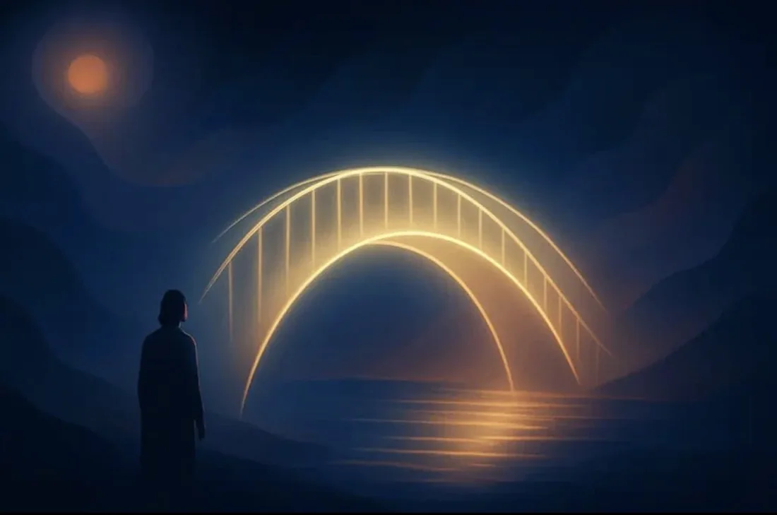Un ponte di luce dorata unisce due rive, sotto un cielo blu notte