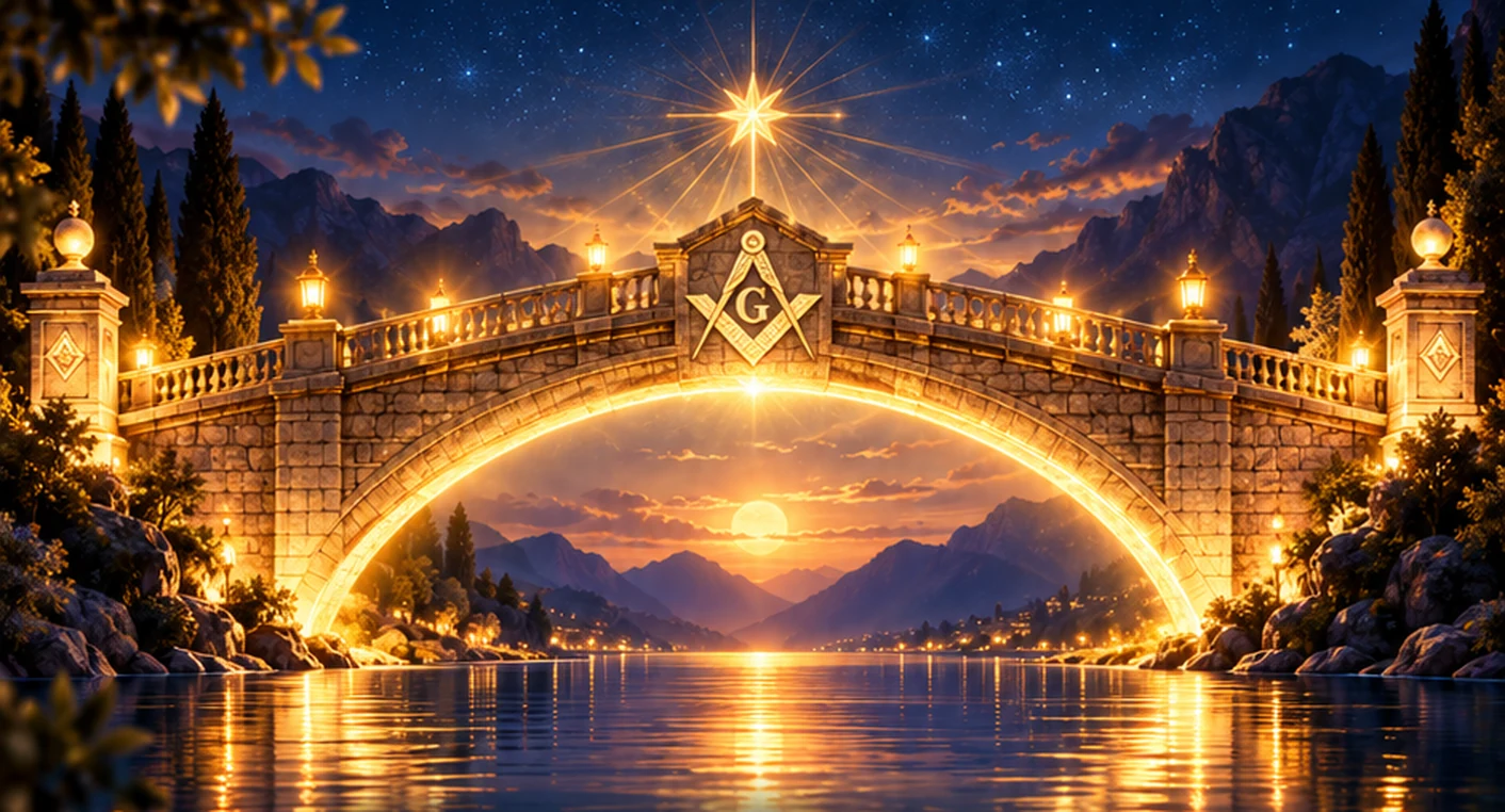 Ponte di pietra illuminato di oro, con squadra e compasso al centro e una stella luminosa, tra due rive unite